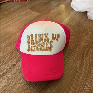 Pink and White Trucker Hat with Gold Text